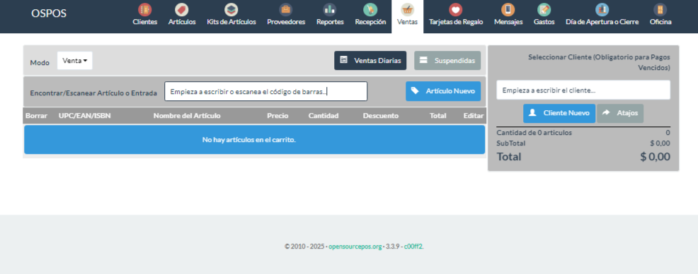 Dashboard del sistema OSPOS mostrando estadísticas de ventas y control de stock